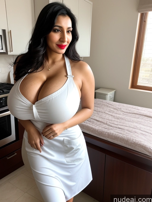 ai nude image of there is a woman in a white dress posing in a kitchen pics of Several Busty Huge Boobs Lipstick Long Legs 30s Black Hair Arabic Bedroom Spreading Legs Apron