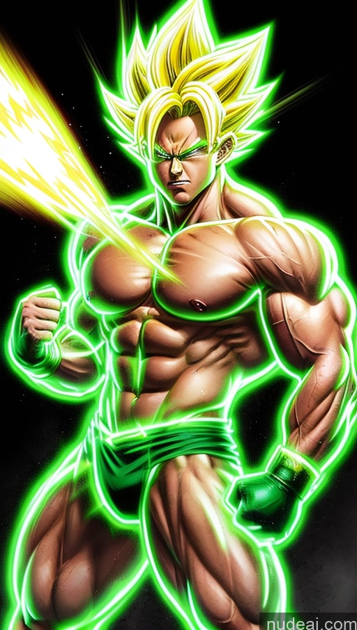 ai nude image of a drawing of a man with a green light coming out of his chest pics of Bodybuilder Busty Abs Super Saiyan Super Saiyan 3 Green Hair Neon Lights Clothes: Green Powering Up Dynamic View