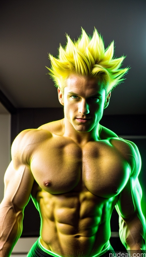 ai nude image of arafed man with yellow hair and no shirt posing for a picture pics of Bodybuilder Busty Abs Super Saiyan Neon Lights Clothes: Green Green Hair Dynamic View Science Fiction Style