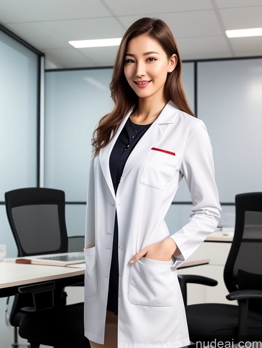 ai nude image of arafed woman in a lab coat standing in an office pics of Woman One Small Tits Skinny Small Ass Fairer Skin 18 Bobcut Brunette Korean 3d Front View Spreading Legs Long Legs Orgasm Office Doctor