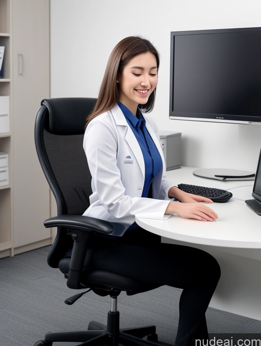 ai nude image of woman sitting at a desk with a laptop and a monitor pics of Woman One Small Tits Skinny Small Ass Fairer Skin 18 Bobcut Brunette 3d Front View Spreading Legs Long Legs Orgasm Office Doctor Korean