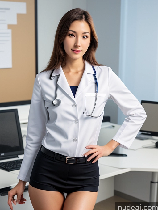 ai nude image of arafed woman in a white lab coat and black shorts posing for a picture pics of Woman One Small Tits Skinny Small Ass Fairer Skin 18 Bobcut Brunette 3d Front View Spreading Legs Long Legs Office Doctor Korean Seductive Sexy Face