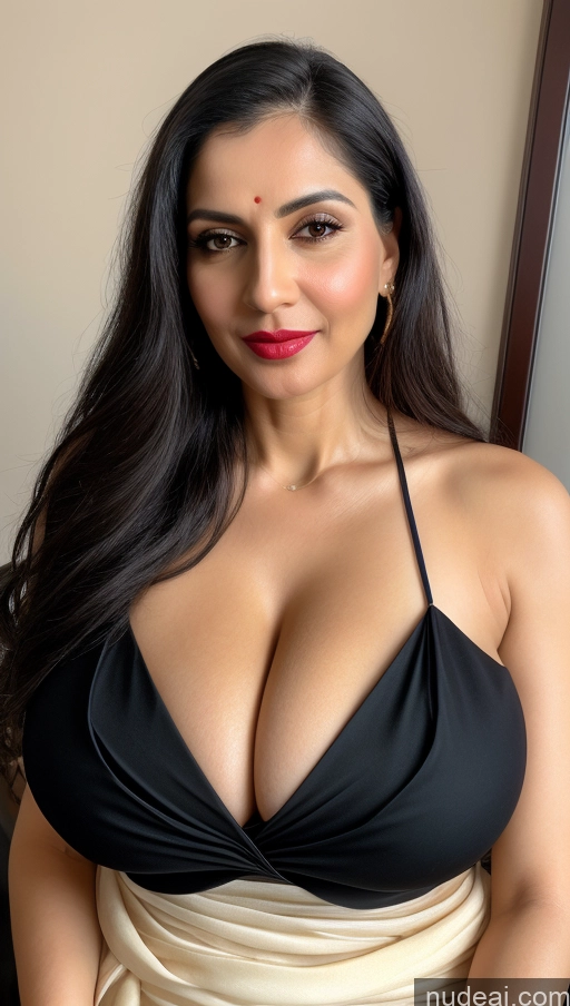 ai nude image of araffe woman with big breast posing for a picture in a black and white dress pics of Woman One Huge Boobs Beautiful Lipstick Fairer Skin 40s Black Hair Slicked Close-up View Detailed Simple Sari White Cleavage