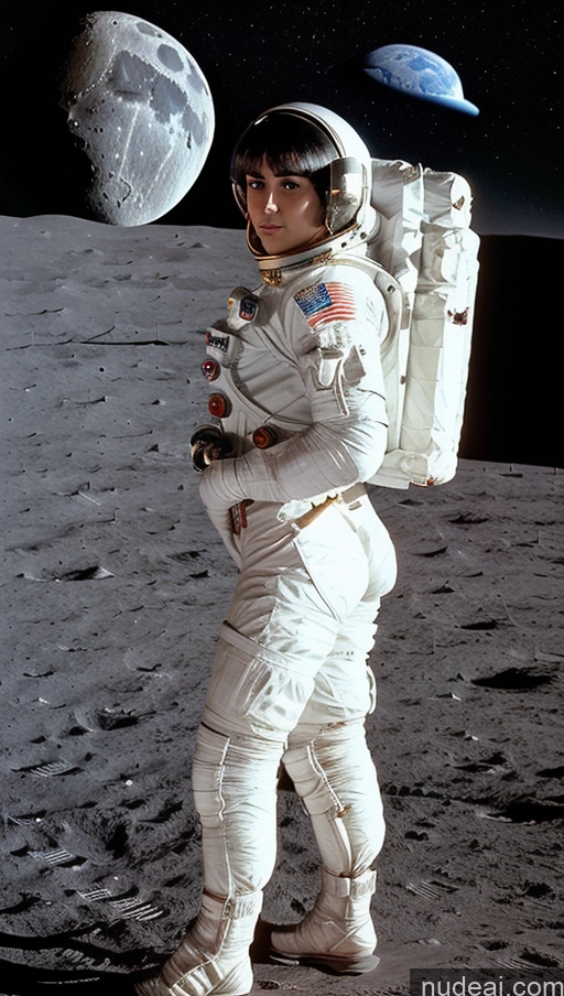 ai nude image of astronaut standing on the moon with a backpack on his back pics of Beautiful 20s Persian Front View Woman Perfect Boobs Big Ass Perfect Body White Hair Bangs Moon Space Suit