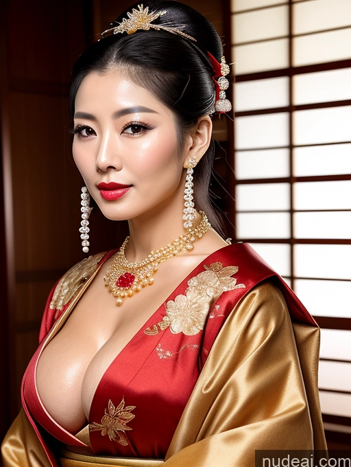 ai nude image of araffe asian woman in a red and gold dress with a gold necklace and earrings pics of Busty Perfect Boobs Perfect Body Oiled Body Big Hips Muscular Onsen Geisha Traditional Pearl Jewelry Jewelry Sexy Face Lipstick Korean Milf Ponytail