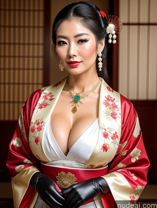 ai nude image of araffe asian woman in a kimono dress and gloves posing for a picture pics of Busty Perfect Boobs Perfect Body Oiled Body Big Hips Muscular Onsen Geisha Traditional Pearl Jewelry Jewelry Sexy Face Lipstick Milf Ponytail Gloves Russian