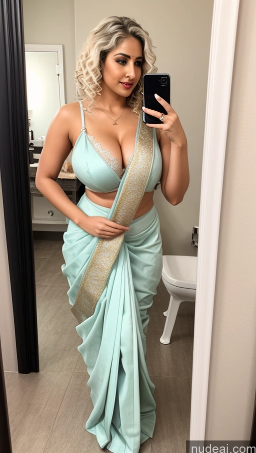 ai nude image of a woman in a blue sari taking a selfie in a mirror pics of Lingerie Model Busty Perfect Boobs White Hair Curly Hair Sari Cleavage Mirror Selfie Bathroom Indian Perfect Body Fairer Skin 20s