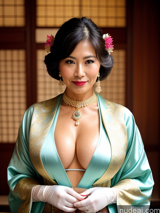 ai nude image of there is a woman in a green dress and white gloves pics of Busty Perfect Boobs Perfect Body Oiled Body Big Hips Muscular Onsen Traditional Pearl Jewelry Jewelry Sexy Face Lipstick Milf Gloves Kimono Bobcut Malaysian