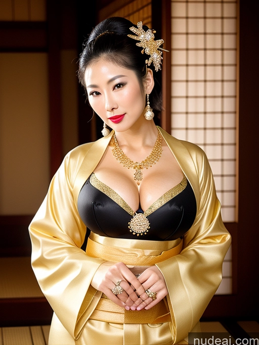 ai nude image of araffe woman in a kimono with a gold and black outfit pics of Busty Perfect Boobs Lipstick Big Hips Perfect Body Oiled Body Japanese Onsen Gloves Kimono Traditional Jewelry Pearl Jewelry Muscular Long Legs Slicked Sexy Face Milf Gold Jewelry Diamond Jewelry