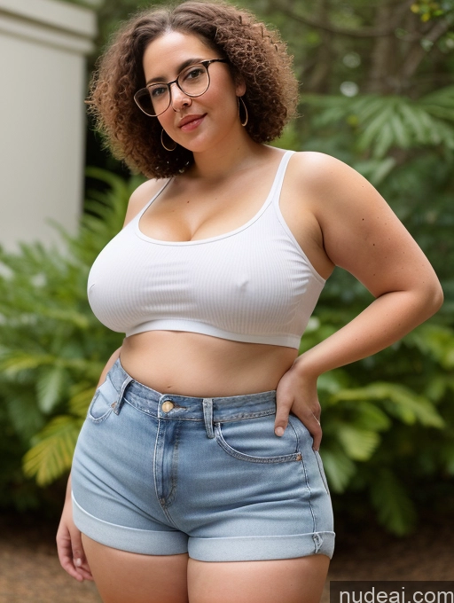 ai nude image of araffe woman in white tank top and denim shorts posing for picture pics of Curly Hair Small Tits Big Ass Thick Chubby Big Hips Short Pubic Hair Fairer Skin Glasses 50s Brunette Daisy Dukes