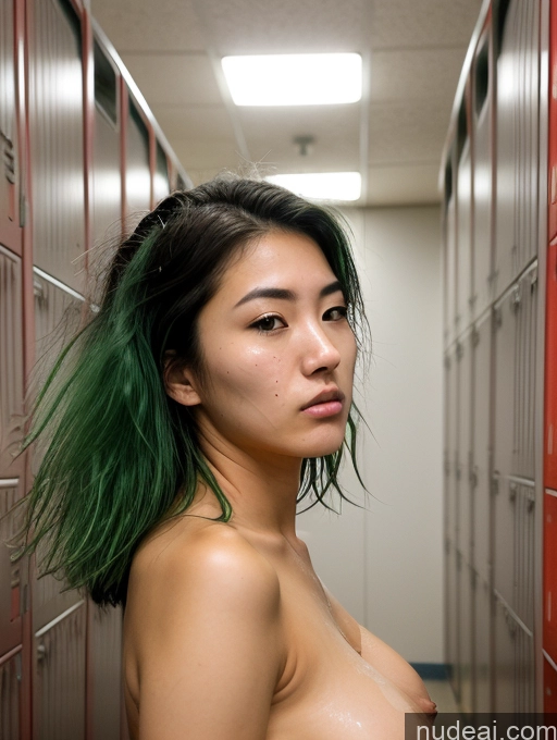 ai nude image of arafed asian woman with green hair standing in a hallway pics of Woman Pubic Hair Perfect Boobs Perfect Body Busty 18 Angry Green Hair Messy Japanese Locker Room Nude Detailed Side View Cumshot Several