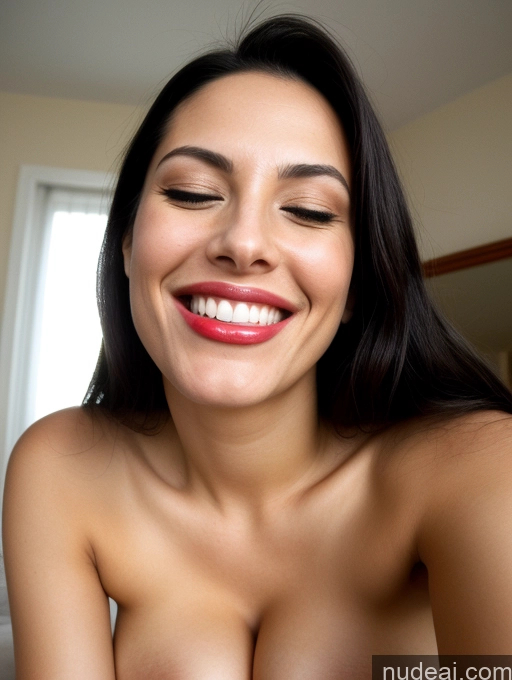 ai nude image of arafed woman with a big breast smiling and showing off her big tits pics of Two Woman Busty Beautiful Lipstick Big Ass Perfect Body Tall 30s Happy Sexy Face Orgasm Black Hair Long Hair Spanish Bedroom Close-up View Nude 90s