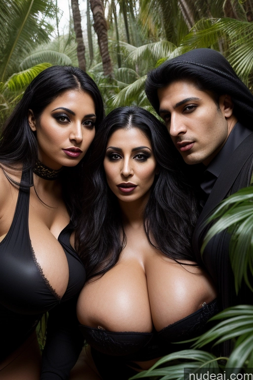 ai nude image of three women in black lingersuits posing for a picture in a jungle pics of Model Busty Huge Boobs Muscular Big Ass Abs Big Hips Huge Tits, Hard Nipples 20s Seductive Sexy Face Orgasm Black Hair Arabic Jungle Nude Goth Vampire Complete Nude Ukraine Two