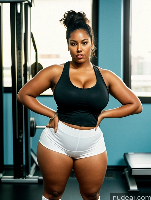 ai nude image of there is a woman in a black top and white shorts posing for a picture pics of Woman One Huge Boobs Big Ass Chubby Fat Tanned Skin Dark Skin 30s Serious Brunette Brazilian Vintage Front View Straight Working Out Gym High Socks Mini Skirt Tank Top