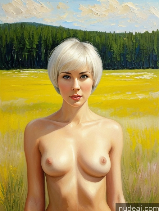 ai nude image of painting of a woman with short blonde hair standing in a field pics of Athlete One Small Tits Beautiful Tall Fairer Skin Abs 30s Shocked Painting Meadow Front View Short Hair Asian White Hair