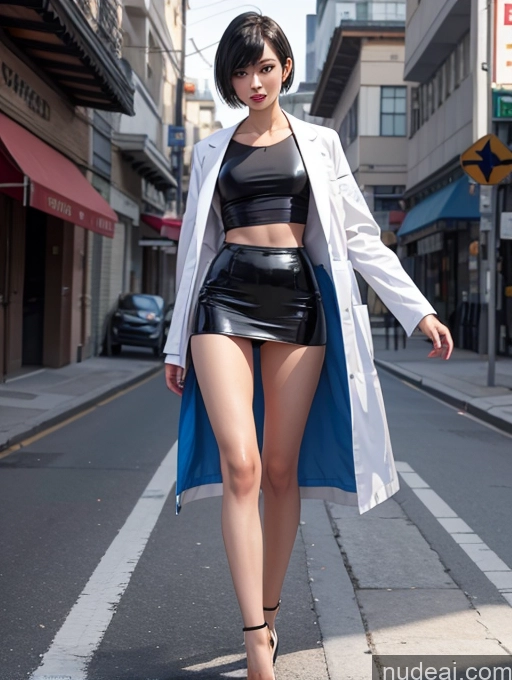 ai nude image of araffe woman in a short skirt and a white coat walking down a street pics of Model One Perfect Body 18 Black Hair Short Hair Chinese High Heels Street Lab Coat