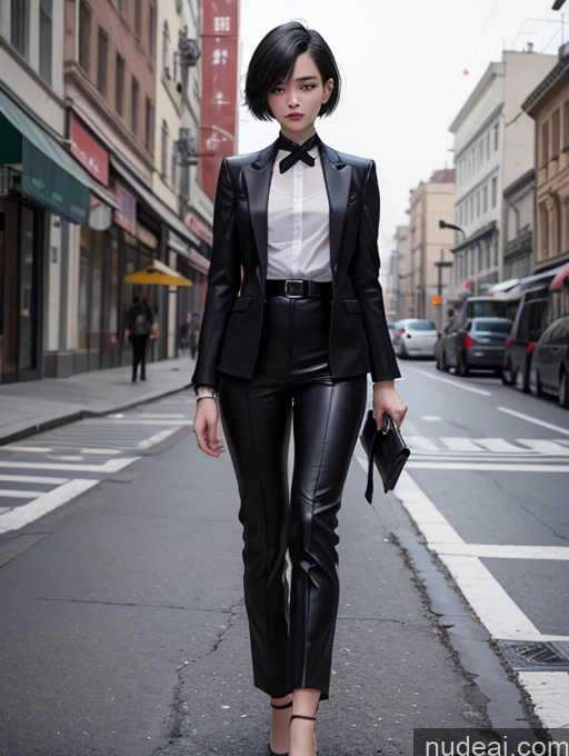 ai nude image of woman in black leather pants and a white shirt walking down a street pics of Model One Perfect Body 18 Black Hair Short Hair Chinese High Heels Street Tailcoat