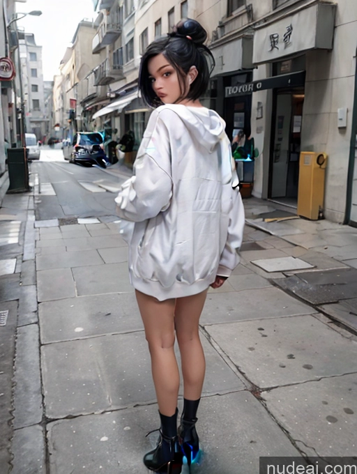 ai nude image of there is a woman that is standing on a skateboard on the street pics of Woman One Perfect Body 18 Black Hair Short Hair Chinese Street High Heels High Socks Underwear Oversized Sweater/Hoodie