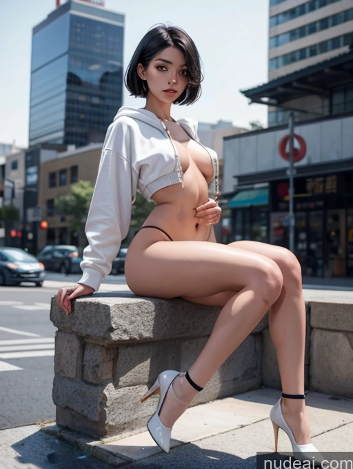 ai nude image of arafed woman sitting on a stone wall in a white shirt pics of Woman One Perfect Body 18 Black Hair Short Hair Chinese Street High Heels High Socks Underwear Naked Hoodie 裸体卫衣