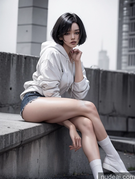 ai nude image of araffed woman sitting on a ledge with her legs crossed pics of Perfect Body 18 Black Hair Woman One Short Hair Chinese Street High Socks High Heels Underwear Naked Hoodie 裸体卫衣