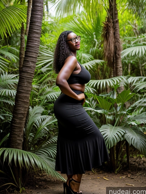 ai nude image of a pregnant woman in a black dress standing in a forest pics of African Black Hair One Perfect Boobs Glasses Chubby Tall Dark Skin 30s Orgasm Woman Long Skirt Side View Jungle