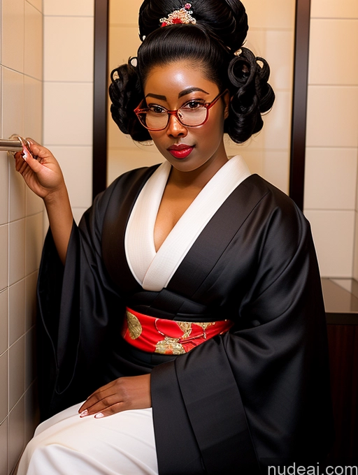 ai nude image of woman in kimono outfit sitting on toilet with red lipstick pics of 30s Glasses Dark Skin Sexy Face Black Hair Bathroom Short Spreading Legs Curly Hair Chubby Black Geisha