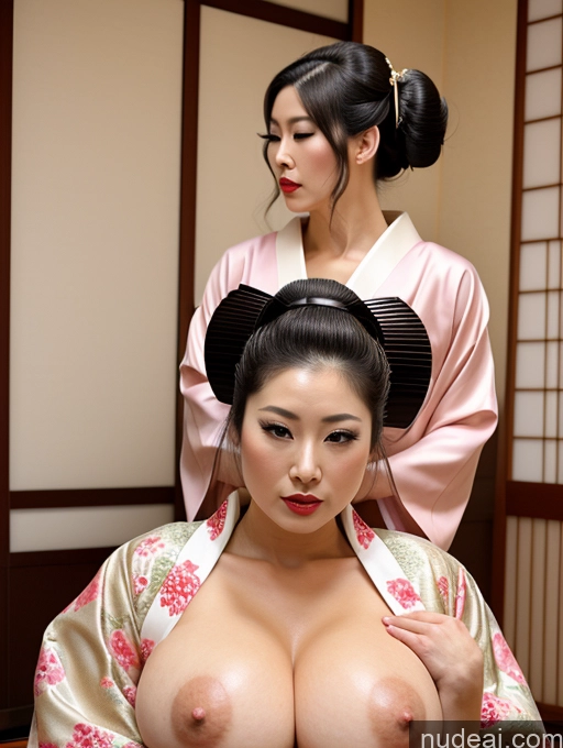 ai nude image of there is a woman with a large breast posing for a picture pics of Milf Huge Boobs Lipstick Big Ass Big Hips Fairer Skin Black Hair Hair Bun Japanese Close-up View Nude Geisha Kimono Two Properkissing