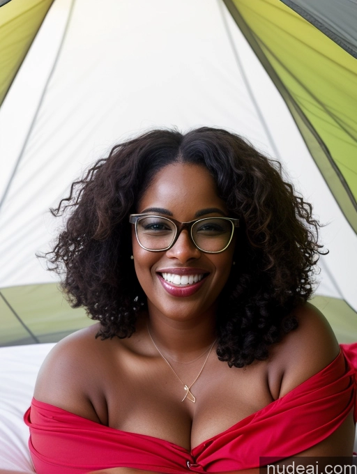 ai nude image of smiling woman in red dress sitting on a bed under an umbrella pics of Woman Glasses Chubby African Black Hair Messy 30s Happy Tent Sundress