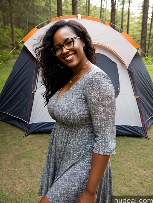 ai nude image of smiling woman in glasses standing in front of a tent in the woods pics of Woman Glasses Chubby African Black Hair Messy 30s Happy Tent Sundress Side View