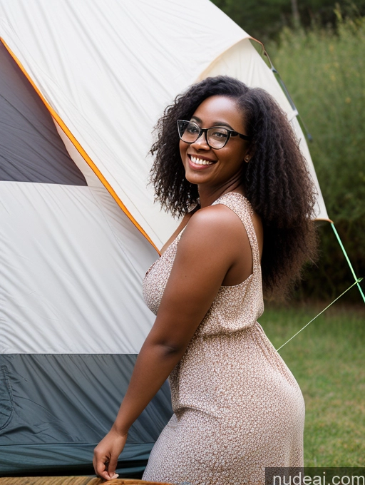 ai nude image of smiling woman in dress standing in front of a tent with a wooden stick pics of Woman Glasses Chubby African Black Hair Messy 30s Happy Tent Sundress Side View