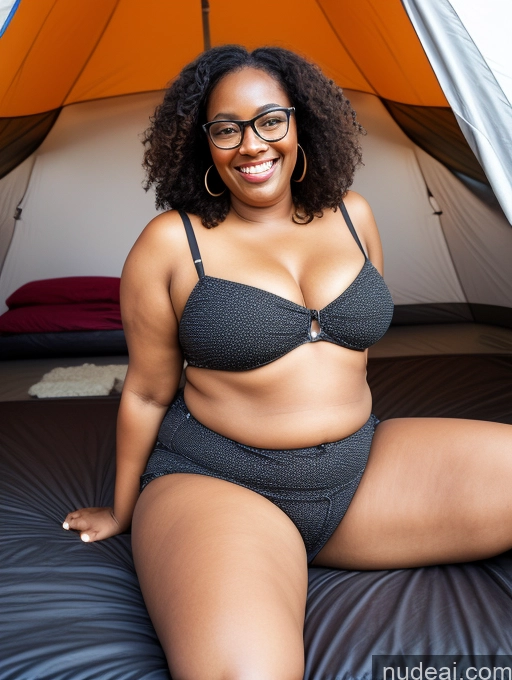 ai nude image of smiling woman in black bikini sitting in front of a tent pics of Woman Glasses Chubby African Black Hair Messy 30s Happy Tent Sundress Straddling