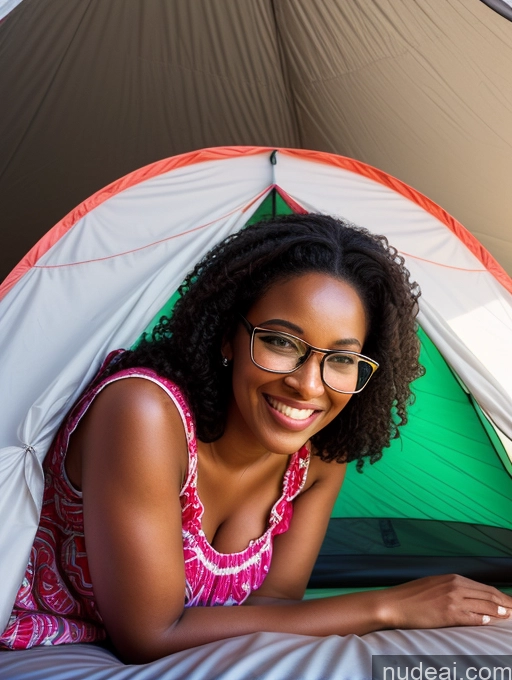 ai nude image of smiling woman in a tent with laptop computer on bed pics of Woman Glasses Chubby African Black Hair Messy 30s Happy Tent Sundress On Back