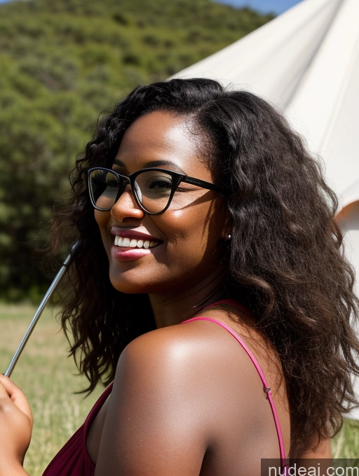 ai nude image of smiling woman in a pink dress holding an umbrella in a field pics of Woman Glasses Chubby African Black Hair Messy 30s Happy Tent Sundress Side View