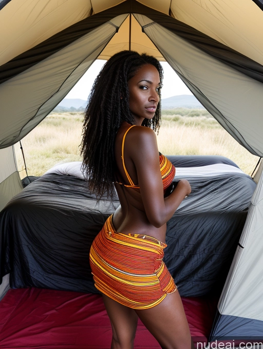 ai nude image of there is a woman in a bikini standing in a tent pics of Woman African Black Hair Messy 30s Tent Dress Skinny Big Ass Back View