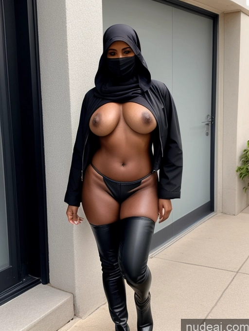 ai nude image of araffe wearing a black hijab and leather pants pics of Busty Perfect Boobs Beautiful Perfect Body Dark Skin Model Long Hair Turkish Boots Leather Yoga Pants Topless Niqab 50s High Heels Jacket