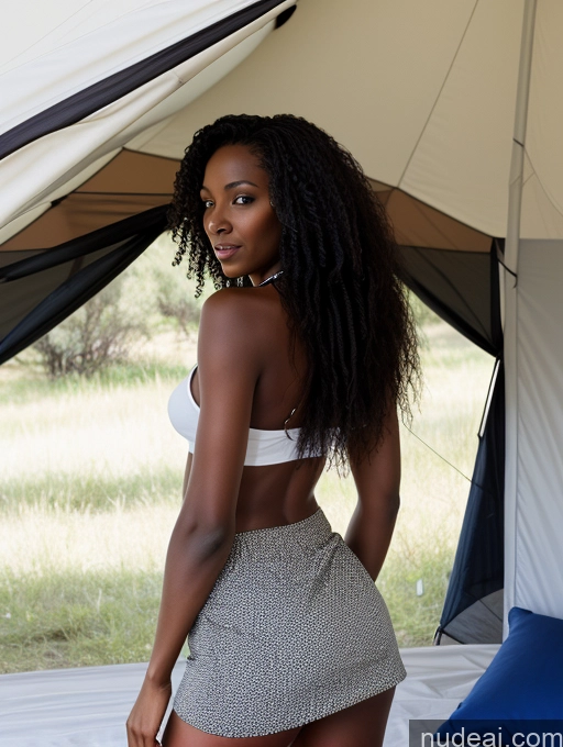 ai nude image of there is a woman that is standing in a tent with a skirt pics of Woman African Black Hair Messy 30s Tent Skinny Big Ass Back View Micro Skirt