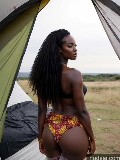 ai nude image of there is a woman in a bikini standing in front of a tent pics of Woman African Black Hair Messy 30s Tent Big Ass Back View Long Skirt