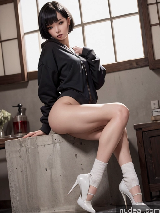 ai nude image of araffed asian woman in high heels posing on a concrete block pics of Model One Skinny 18 Black Hair Short Hair High Heels Japanese Seductive Panties High Socks Naked Hoodie 裸体卫衣