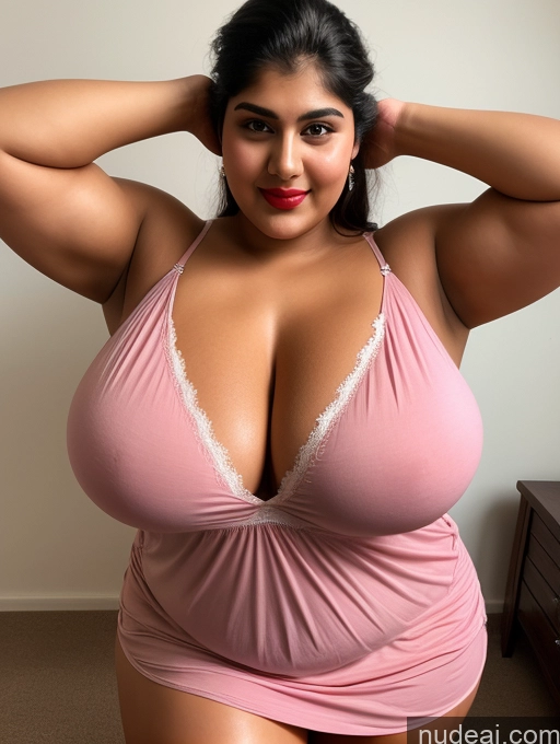 ai nude image of araffe woman in a pink dress posing for a picture pics of Huge Boobs Muscular Big Ass Abs Chubby Big Hips 18 Lipstick Nightgown Indian