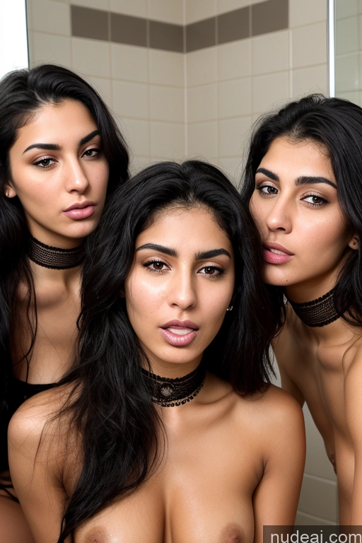 ai nude image of three women in a bathroom posing for a picture with their bare breasts pics of Athlete Big Ass Abs Small Tits Pubic Hair Long Hair 18 Close-up View Nude Arabic Black Hair Choker Fishnet Bathroom Orgasm Cumshot Angry