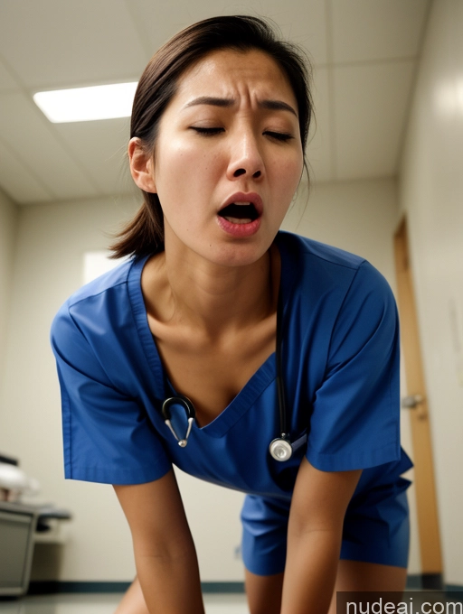 ai nude image of arafed female nurse in blue scrub suit with stethoscope on her chest pics of Woman One Small Tits Small Ass Skinny Long Legs 18 Orgasm Shocked Angry Bobcut Korean Hospital Nurse