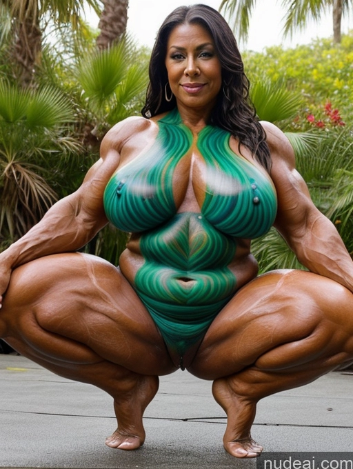 ai nude image of a woman with a body painted like a peacock poses for a picture pics of Milf Oiled Body 50s Thick Chubby Big Ass Muscular Bodypaint Squatting