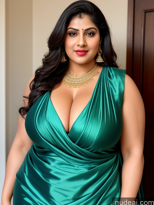 ai nude image of araffe woman in a green dress posing for a picture pics of Huge Boobs Muscular Big Ass Abs Thick Chubby Big Hips Fairer Skin 18 Long Hair Indian Salwar Sari Traditional Lipstick Jewelry Cleavage