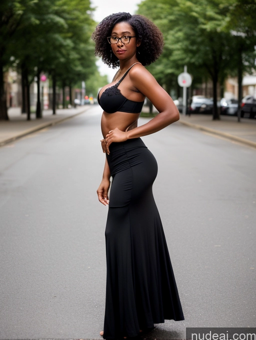 ai nude image of there is a woman in a black skirt and glasses posing for a picture pics of Woman Glasses Big Ass Dark Skin 30s Seductive Black Hair Curly Hair Black T-pose Long Skirt Push-up Bra Side View Street