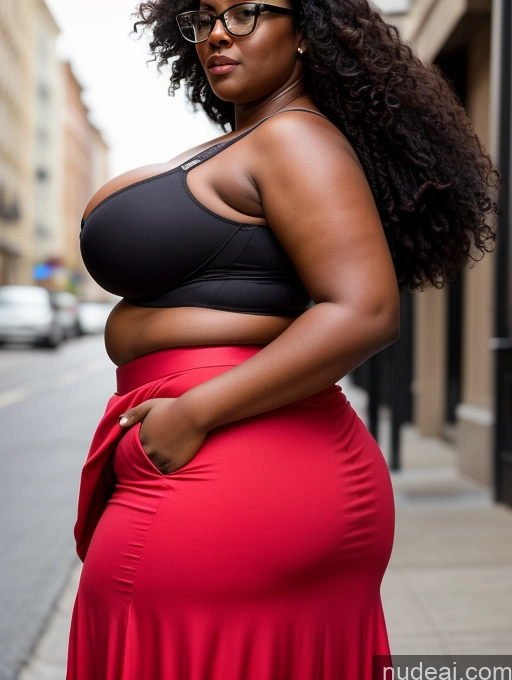 ai nude image of there is a woman in a red skirt and black top pics of Woman Glasses Big Ass Dark Skin 30s Seductive Black Hair Curly Hair Black T-pose Long Skirt Push-up Bra Side View Street Chubby