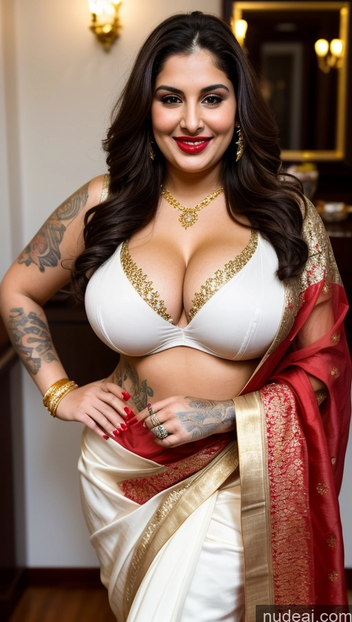 ai nude image of araffe woman in a white sari posing for a picture pics of Milf Busty Beautiful Lipstick Chubby Thick Big Hips 20s Happy Seductive Brunette Long Hair Russian Party Front View Spreading Legs Sari Cleavage Gold Jewelry Detailed Tattoos Fairer Skin