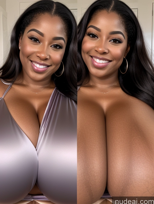 ai nude image of two women with big breasts posing for a picture in a bathroom pics of Huge Boobs Perfect Boobs Beautiful Long Hair Laughing African Cleavage 30s Happy Satin Close-up View Busty Onoff