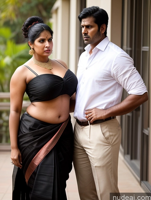 ai nude image of there is a man and woman standing next to each other pics of Woman + Man Huge Boobs Beautiful Big Ass Thick Long Legs Big Hips Tall Perfect Body Tanned Skin Dark Skin 40s Angry Hair Bun Black Hair Indian Front View Sari