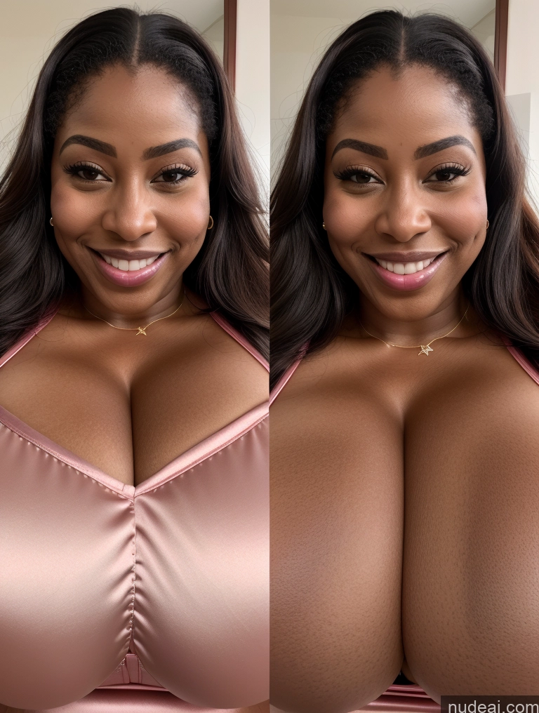 ai nude image of there is a woman with big breasts posing for a picture pics of Huge Boobs Perfect Boobs Beautiful Long Hair Laughing African Cleavage 30s Happy Satin Close-up View Busty Onoff