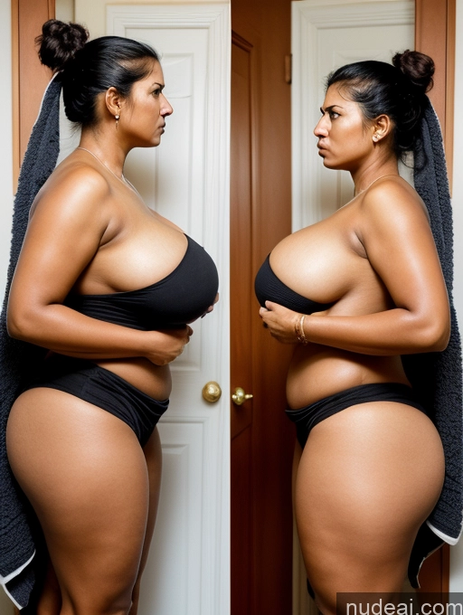 ai nude image of there is a woman in a black bikini and a black towel pics of Woman + Man Huge Boobs Beautiful Big Ass Thick Long Legs Big Hips Tall Perfect Body Tanned Skin Dark Skin 40s Angry Hair Bun Black Hair Indian Front View Towel